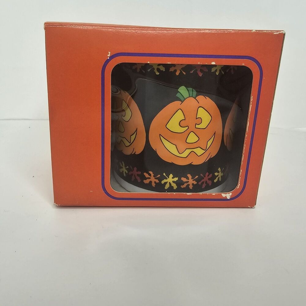 Vtg Fall Fest Halloween Stoneware Mug 10oz Black Orange Pumpkin Jack-o-Lantern